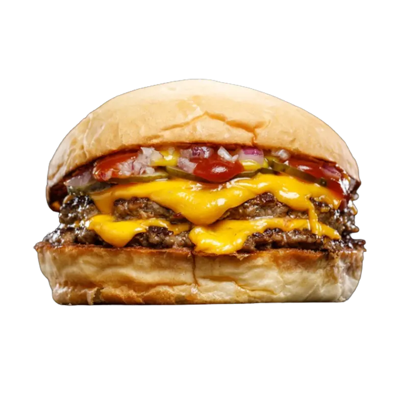 Hamburguesa American: medallón con cheddar, ketchup, mostaza y pepinillos.