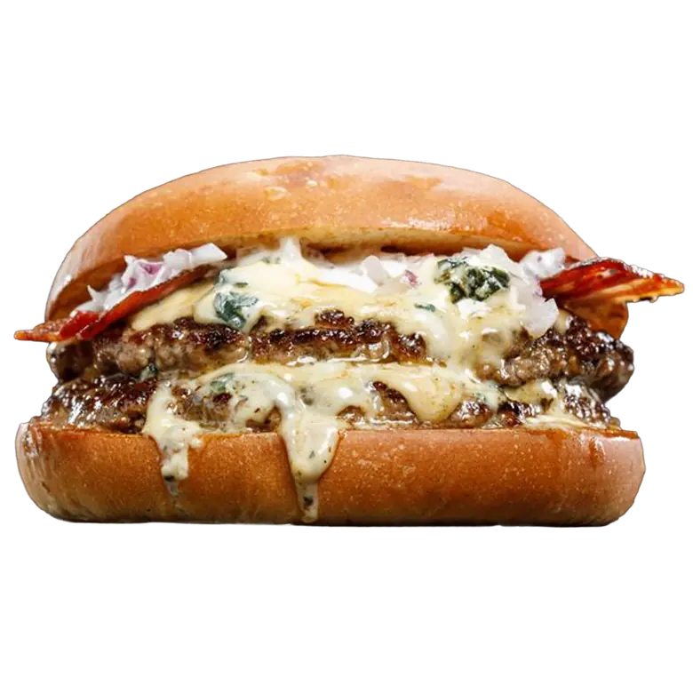 Hamburguesa Blue Cheese: medallón con emmental, queso azul y cebolla morada.