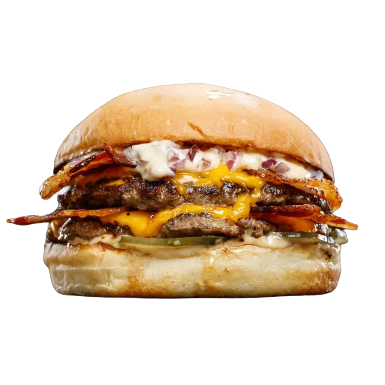 Hamburguesa Juicy: medallón con cheddar, doble bacon y salsa secreta.