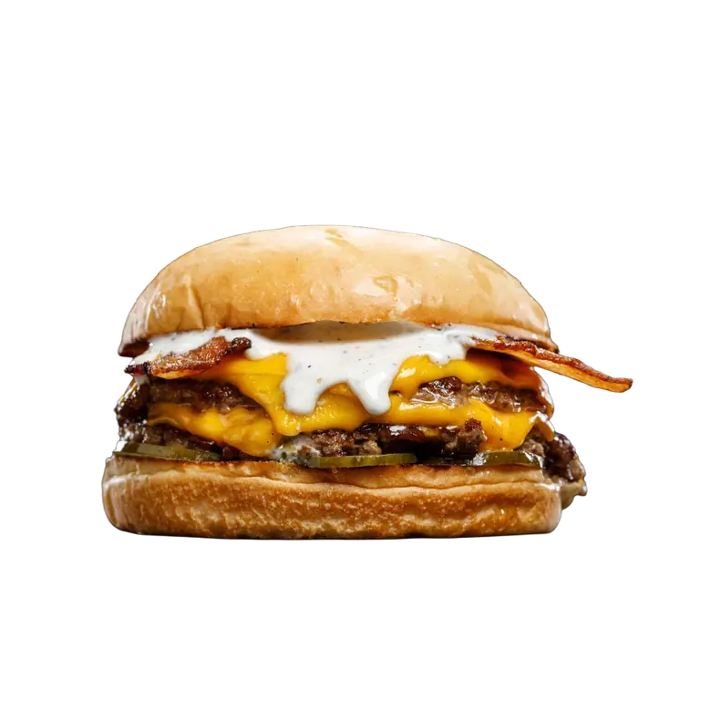 Hamburguesa Sistons: doble medallón con cheddar, bacon ahumado y alioli de berenjena.