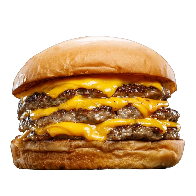 Hamburguesa Triple Queso: tres medallones con seis fetas de cheddar.