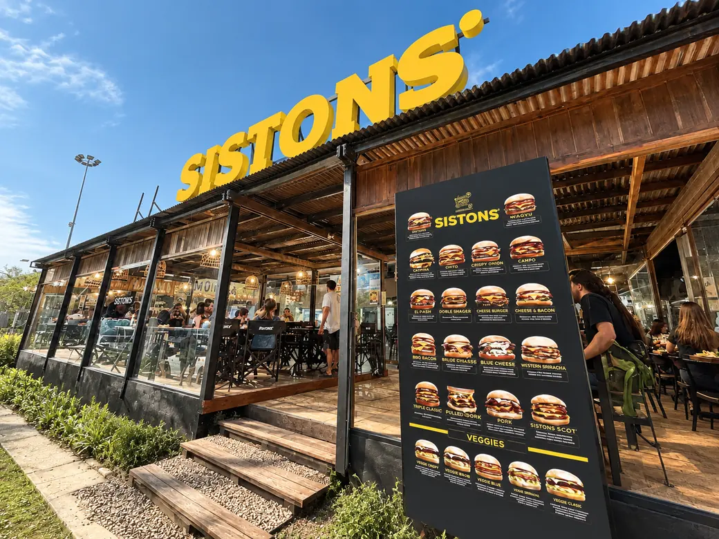 Frente del local de Sistons Burgers al mediodía: el deck de madera con vista al mar, el letrero amarillo y la carta ilustrada en la entrada.
